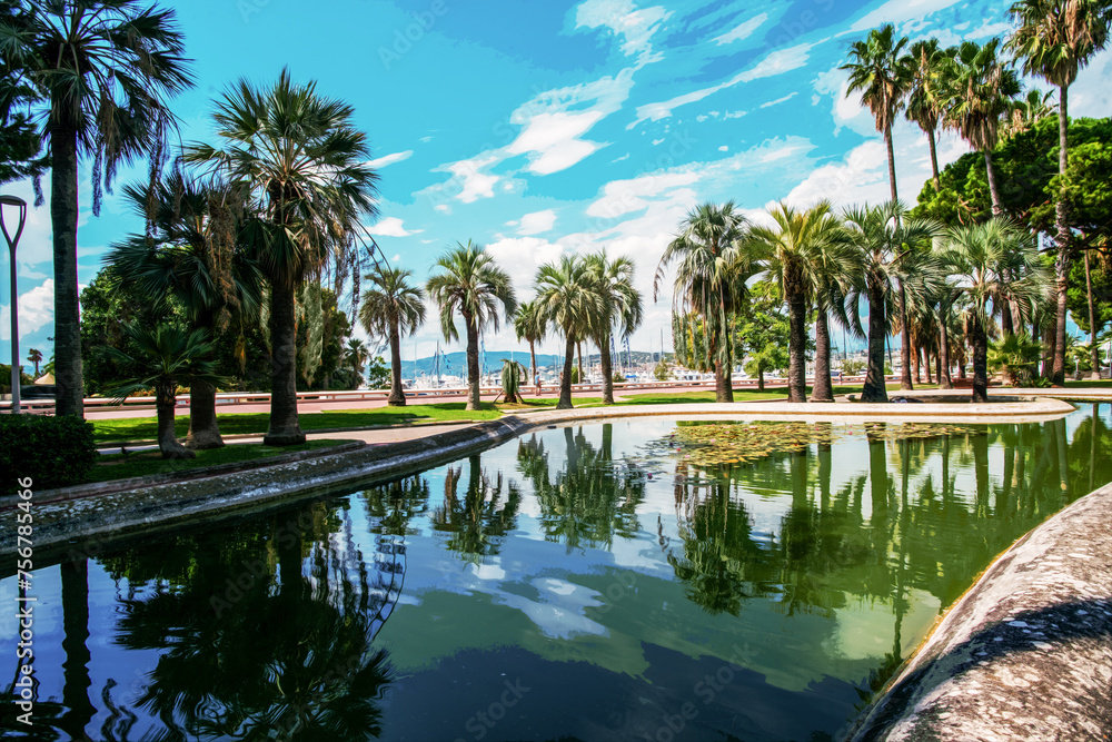 Awe Panorama of left part of Croisette (no people) luxury park with large fantastic palm trees and grass and flowerbeds