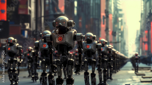 Army of gray, red and black robots walking down the city street. Dangerous futuristic technology innovation, metal cyborg military project © Nemanja
