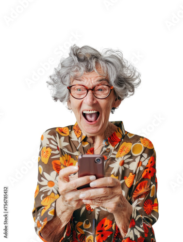 Elderly woman with surprise emotion when looking mobile phone © PNG Lab