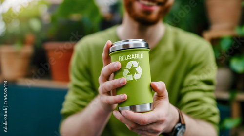 Closeup of the handsome young man holding the reusable light green stainless tumbler with white recycle symbol. Eco-friendly bottle for the environment, plastic free photo