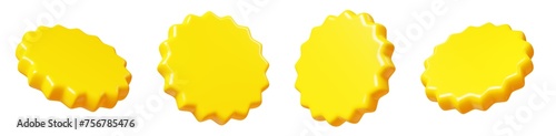 Yellow starburst sticker floating in air. 3D render illustration set