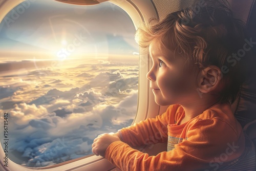 Happy Kid Looks at Airplane Window, Young Child in Aircraft, Air Flight, Family Travel by Plane