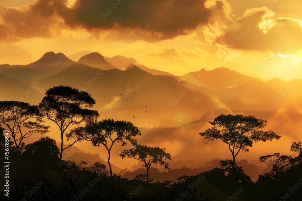 Jungle Silhouette with Mountains, Wild Africa Nature on Golden Cloudy Sunset Background