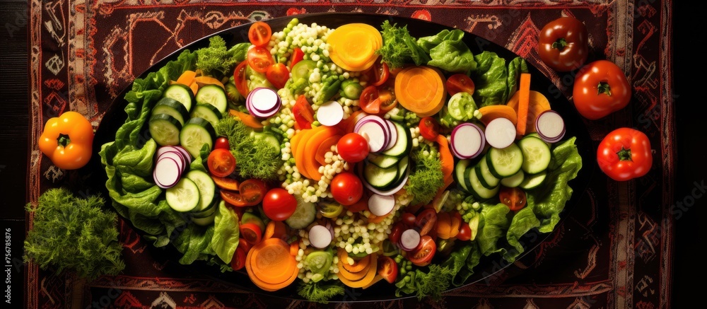 A colorful salad made with fresh leaf vegetables and assorted vegetables placed on a plate on a table, showcasing a delicious and nutritious dish