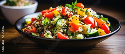 A plantbased salad made with fresh ingredients such as tomatoes, cucumbers, and quinoa, served in a wooden tableware on a rustic table