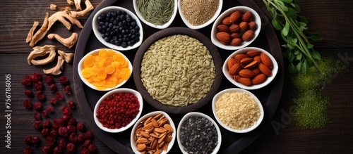 A variety of spices and nuts are showcased in a circle on a wooden table, ready to be used as ingredients in a delicious dish or recipe