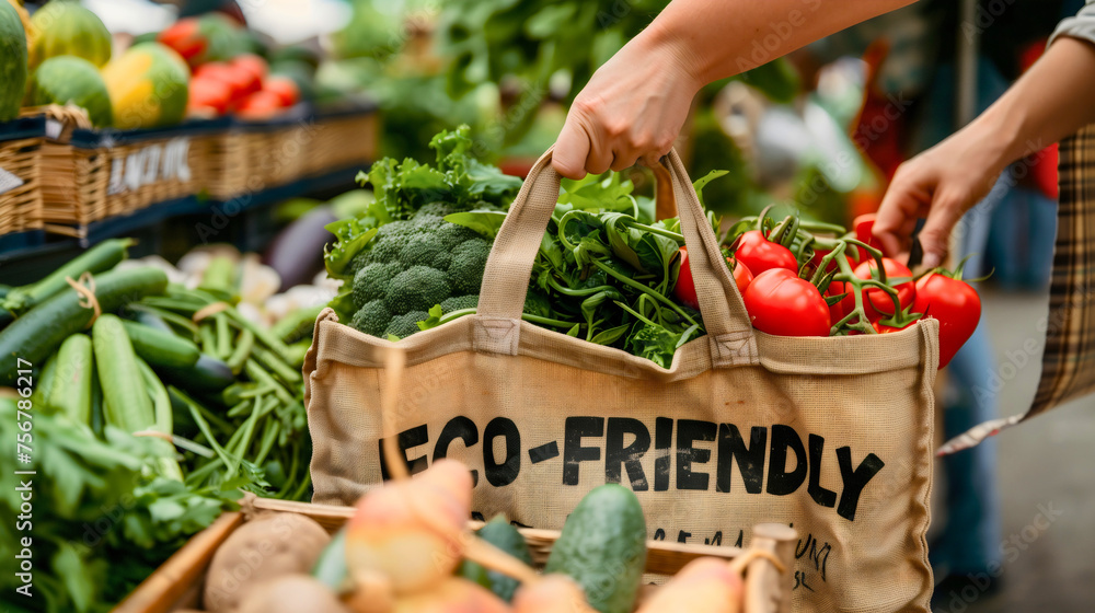 Text "Eco-Friendly" on the cotton bag full of healthy, fresh and organic vegetables that the female customer or woman is holding in her hands, buying groceries on the local city marketplace - obrazy, fototapety, plakaty 