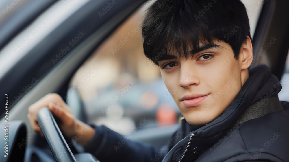 Closeup of the handsome young man driving a car in the city traffic, smiling at the camera. Downtown automobile transport, sitting in a vehicle interior and holding steering wheel, driving school