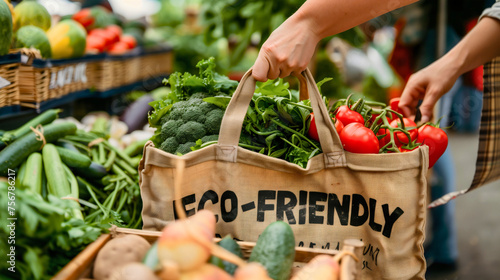Text "Eco-Friendly" on the cotton bag full of healthy, fresh and organic vegetables that the female customer or woman is holding in her hands, buying groceries on the local city marketplace