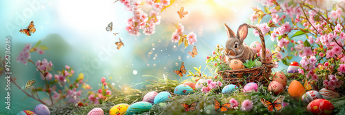 Easter Bunny Decorated Eggs Adorable Rabbit Spring Color Copy Space Banner Header