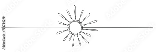 Sun - one single hand drawing continuous line banner. Vector stock illustration isolated on white background for design template summer travel poster, flyer. Editable stroke.