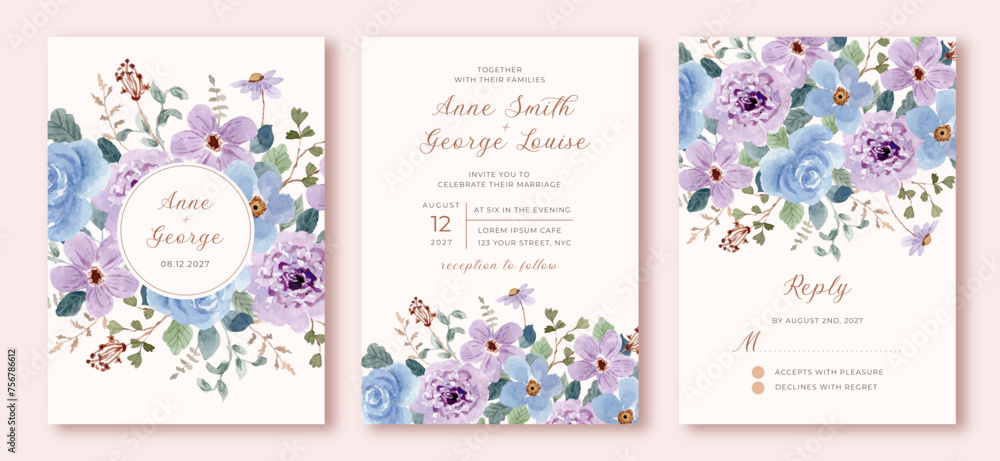 wedding invitation set with purple blue watercolor floral frame - obrazy, fototapety, plakaty 