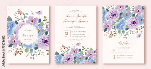 wedding invitation set with purple blue watercolor floral frame