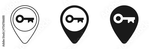Set of pin icons on a map with a key inside. Illustration