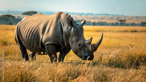 Rhinoceros as it grazes on the lush grasslands of the savanna