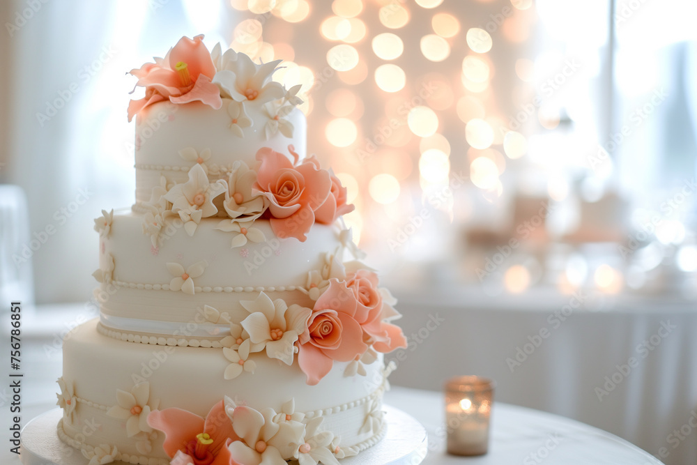 Fototapeta premium Tall refined, elegant handmade cake in white and soft pink pastel colors on a white table. Copy space.