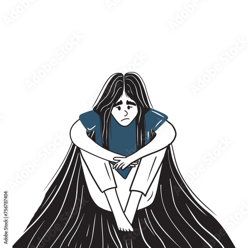 Sad girl with a long black straight hair is sitting and looking at the ground in blue t-shirt. Dark atmosphere of depression, bipolar disorder, love relation problems. Hand drawn vector sketch doodle. photo