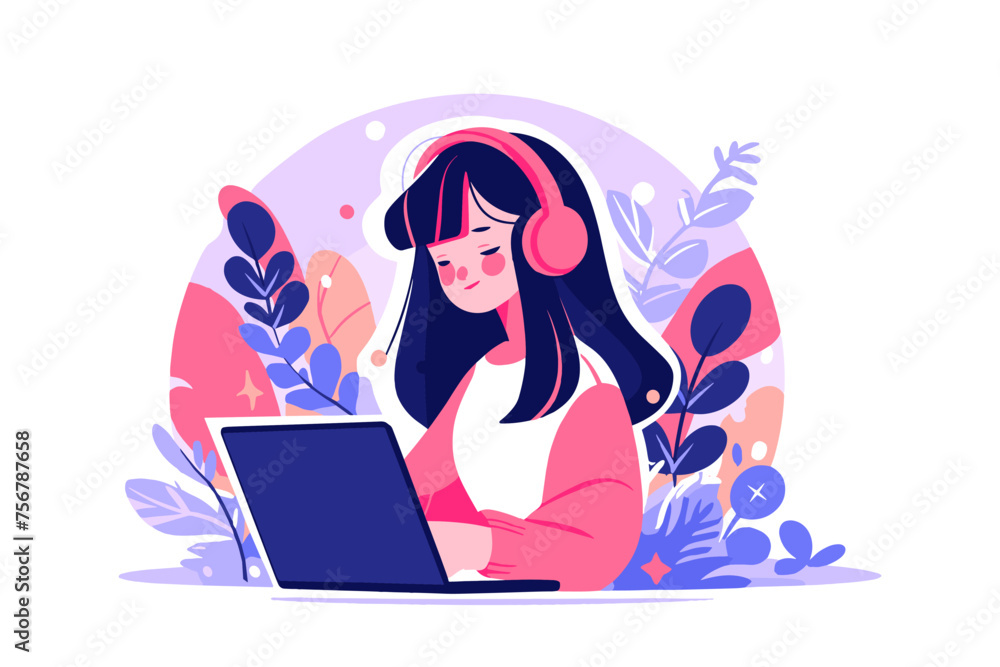 Woman in headphones peacefully working on laptop, simple trendy flat vector illustration. Woman in headphones peacefully working on laptop, simple trendy flat vector illustration.