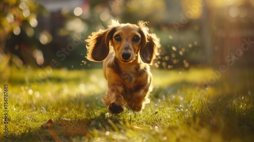 A dachshund puppy with floppy ears, chasing its tail in a sun-drenched backyard.