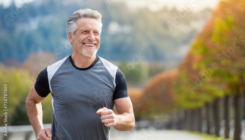 Mature male on a jog outside. A happy older man running in a park outdoors in nature. Senior health and fitness exercise.