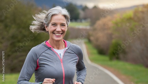 Mature woman with grey hair running outdoors. Senior jogging for exercise. Health and fitness as you age.