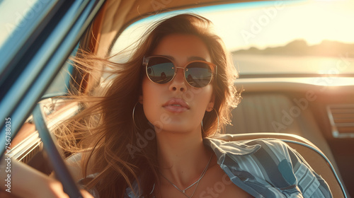 Smiling woman wearing sunglasses enjoys a sunny day in her car © kitti