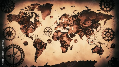  steampunk world map: vintage globe with cogs and gears