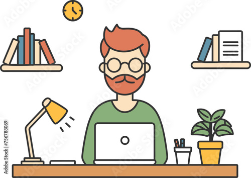 Freelancer man character working using laptop. Distance job, home interior, programmer working. Simple flat vector icon style illustration.