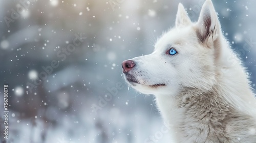A majestic white Siberian husky with striking blue eyes enjoying a snowy winter day. © Dave