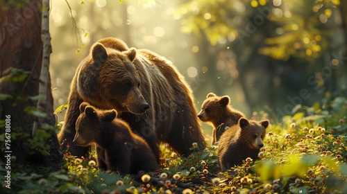 A mother bear and her cubs forage for berries in a sun-dappled forest clearing, the playful youngsters tumbling over each other in their search for treats.