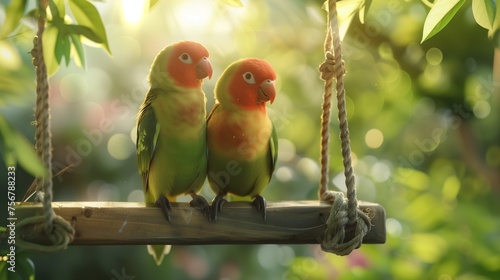 A pair of lovebirds perched on a wooden swing, sharing a tender moment. © Dave