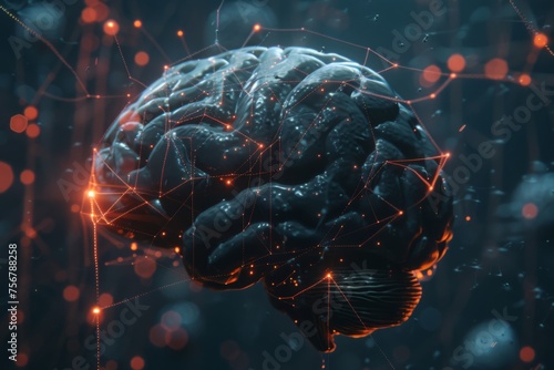 Detailed 3D rendered human brain with complex neural connections and structures for futuristic medical research. Brain clever intelligence in health care, hospital setting. Perfect for neurology