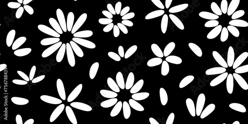 Groovy flower seamless pattern  funky floral background  spring daisy vector print  cute summer chamomile black and white textile. Abstract simple illustration