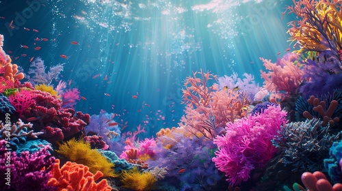 Colorful coral reef teeming with diverse marine life under the sea.