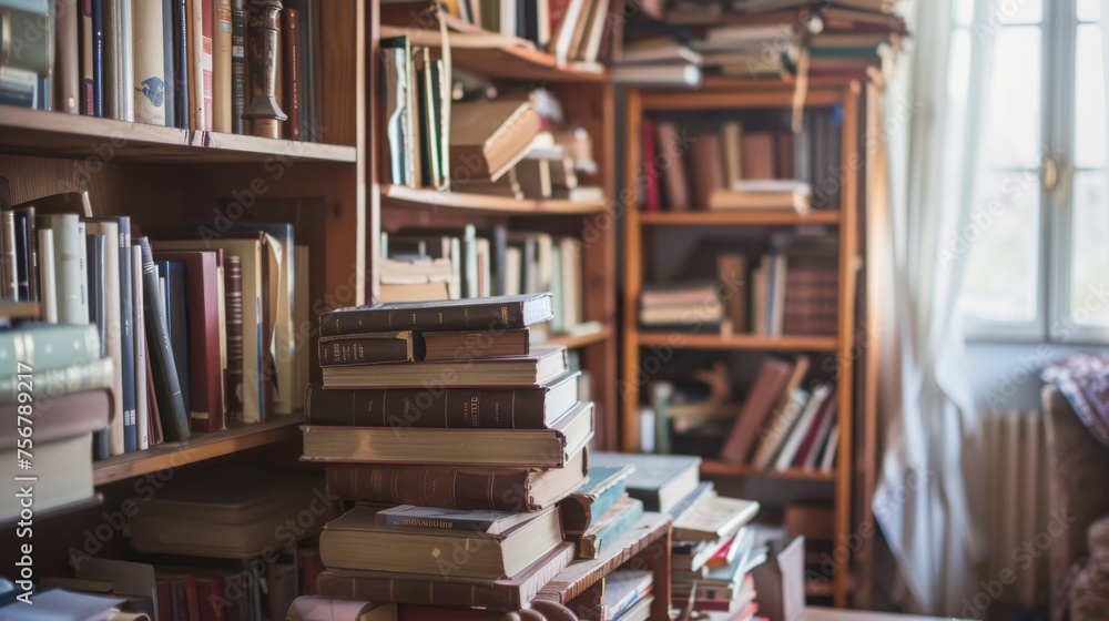 Obraz premium A warm scene with a stack of books in the foreground and a blurred library setting in the background, evoking a sense of nostalgia