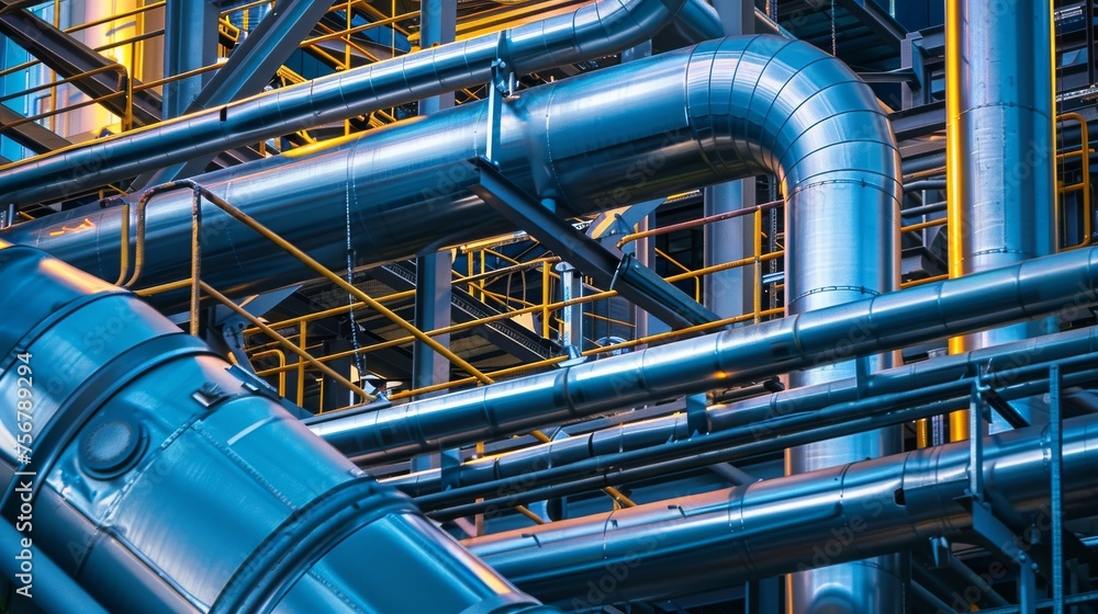 Nighttime shot of an elaborate system of pipelines and valves illuminated by a cool blue light, emphasizing the technological aspect of industry