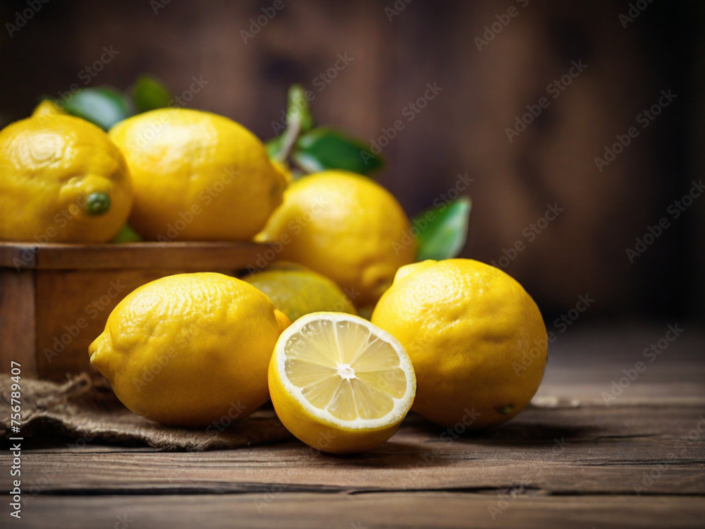 Selective focus highlights fresh lemons on old wooden backdrop. Selective focus highlights fresh lemons on old wooden backdrop.
