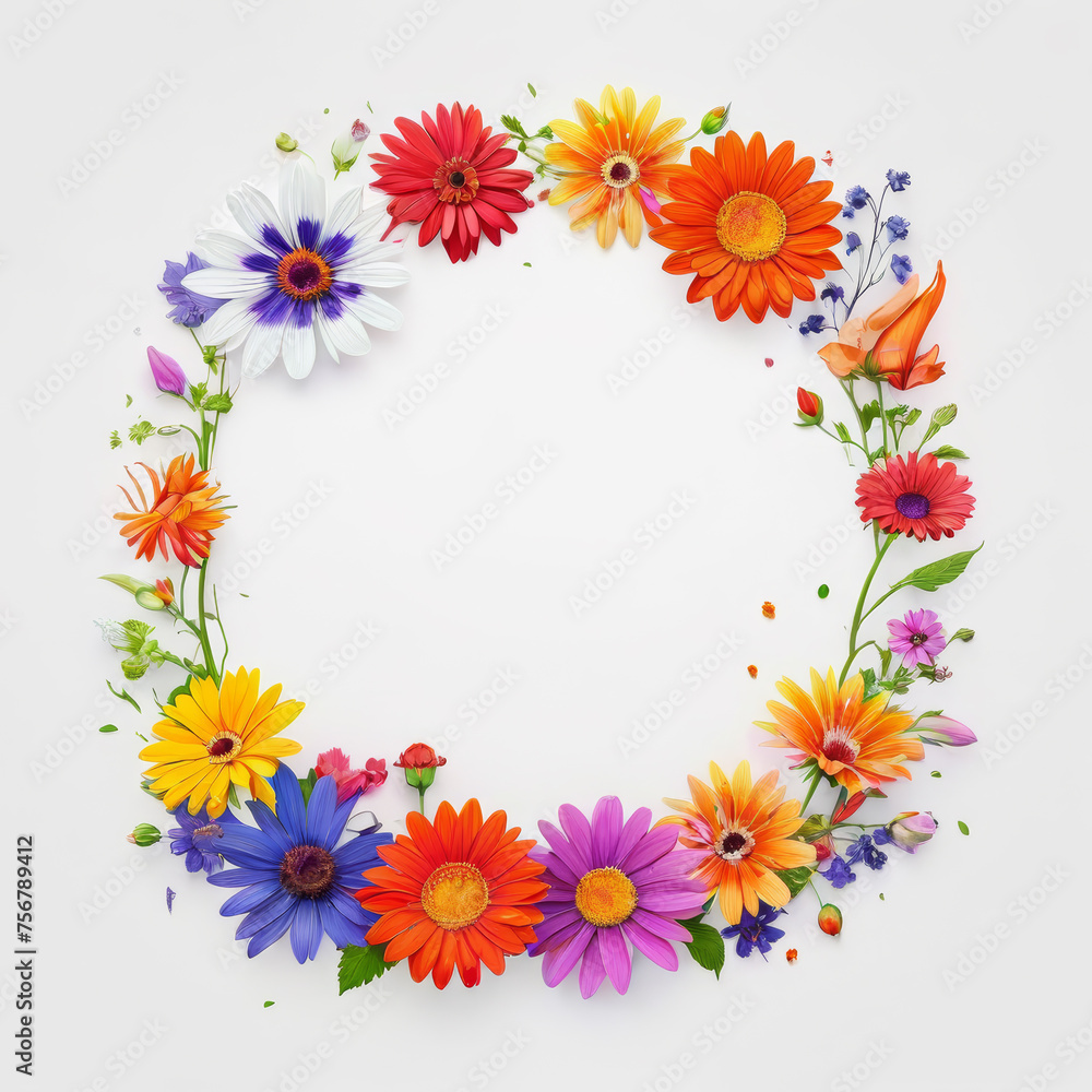 Circle of Colorful Flowers on White Background. Generative AI Circle of Colorful Flowers on White Background. Generative AI