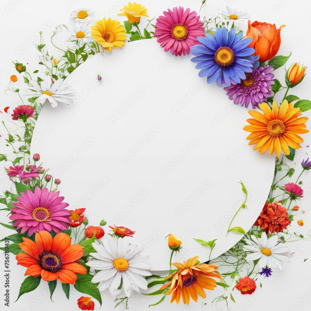 Circle of Colorful Flowers on White Background. Generative AI Circle of Colorful Flowers on White Background. Generative AI