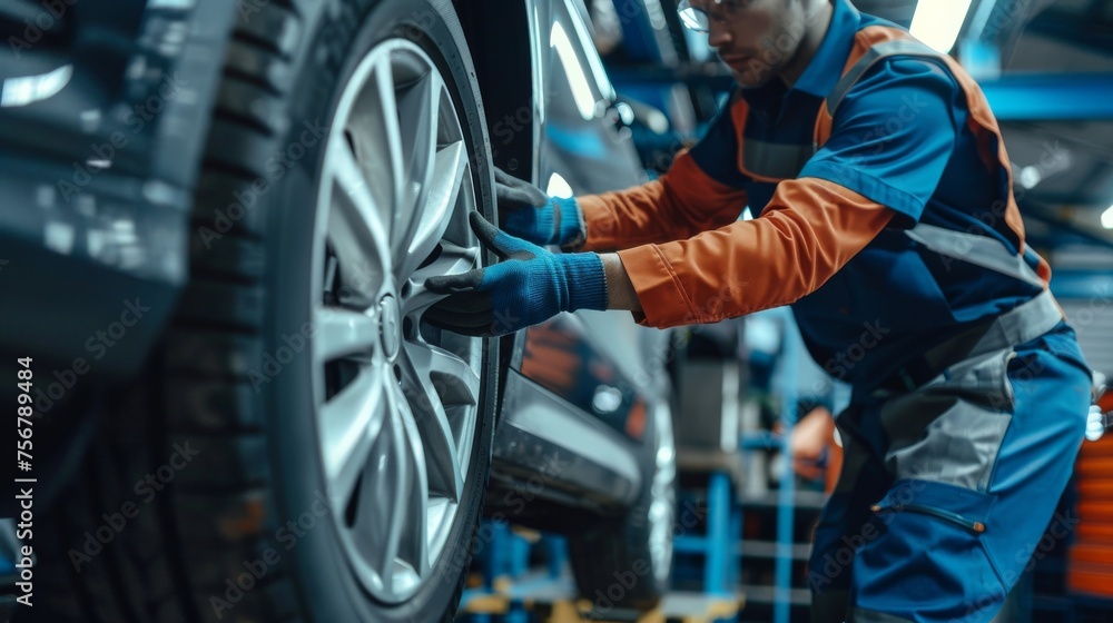 Obraz premium Close-up of a mechanic's hands efficiently fitting a new tire on a car at an automotive service center