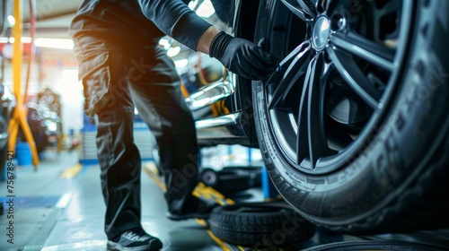 Image of a mechanic at work aligning a car wheel with precision equipment in a well-lit service center photo