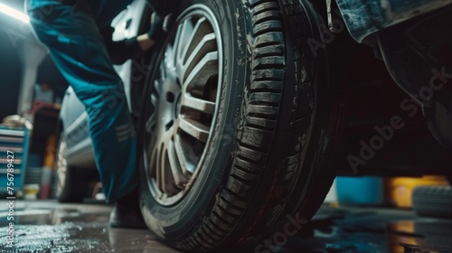 Low angle view showcasing a car wheel inspection process to ensure road safety and maintenance