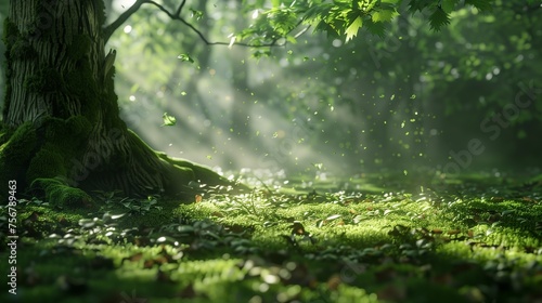 Sunlight filtering through ethereal leaves, casting intricate shadows on a moss-covered forest floor.