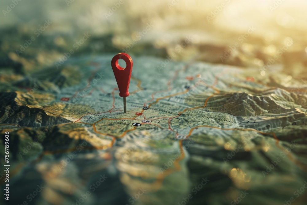 Location marking with pin on map and routes for adventure, discovery, navigation, logistics, geography, transport, travel theme. Concept background for tourism, holiday trip planning, or business comm Location marking with pin on map and routes for adventure, discovery, navigation, logistics, geography, transport, travel theme. Concept background for tourism, holiday trip planning, or business comm