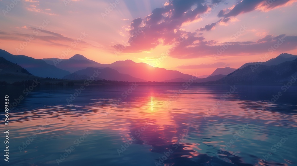 Tranquil sunset over a secluded mountain lake with vibrant reflections Tranquil sunset over a secluded mountain lake with vibrant reflections
