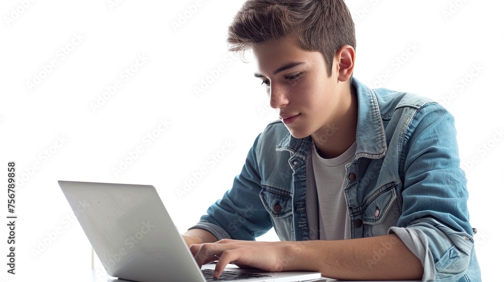 A young man in a focused moment as he works on his laptop at white background A young man in a focused moment as he works on his laptop at white background