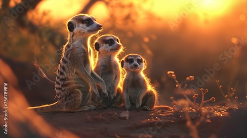 Watchful meerkat family basking in the warm glow of the sunset.