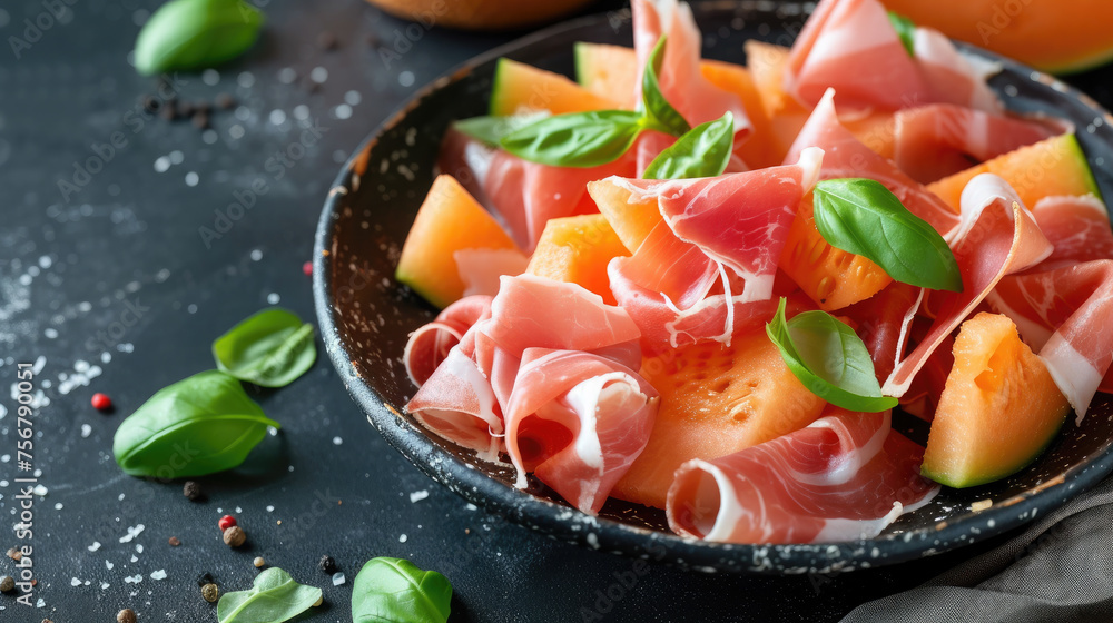 sliced melon and prosciutto, jamon, still life, Italian cuisine, food, restaurant, meal, meat, table, dish, serving, Spanish, southern, fresh, natural, tasty, delicacy - obrazy, fototapety, plakaty 