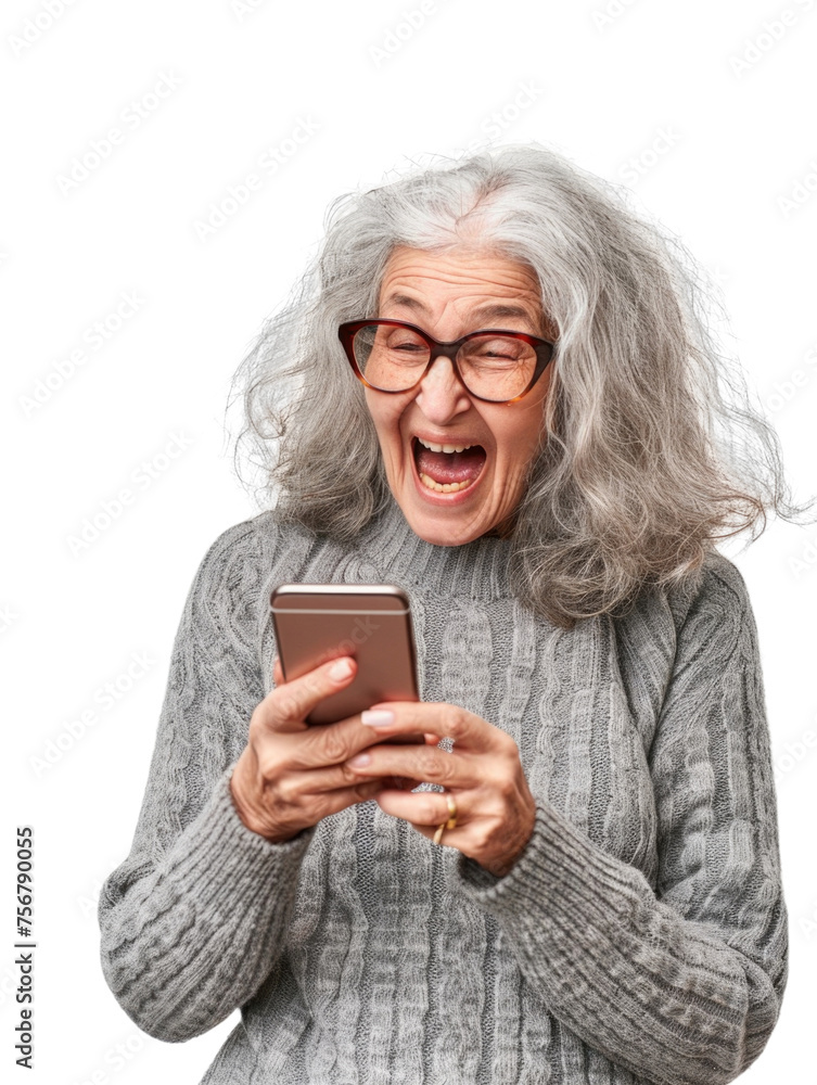 Elderly woman with surprise emotion when looking mobile phone Elderly woman with surprise emotion when looking mobile phone