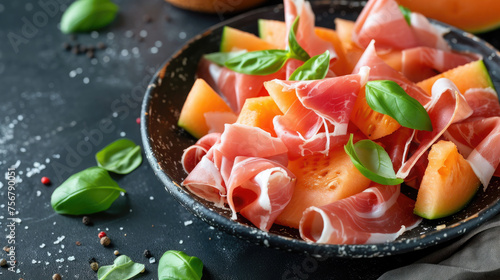 sliced melon and prosciutto, jamon, still life, Italian cuisine, food, restaurant, meal, meat, table, dish, serving, Spanish, southern, fresh, natural, tasty, delicacy photo